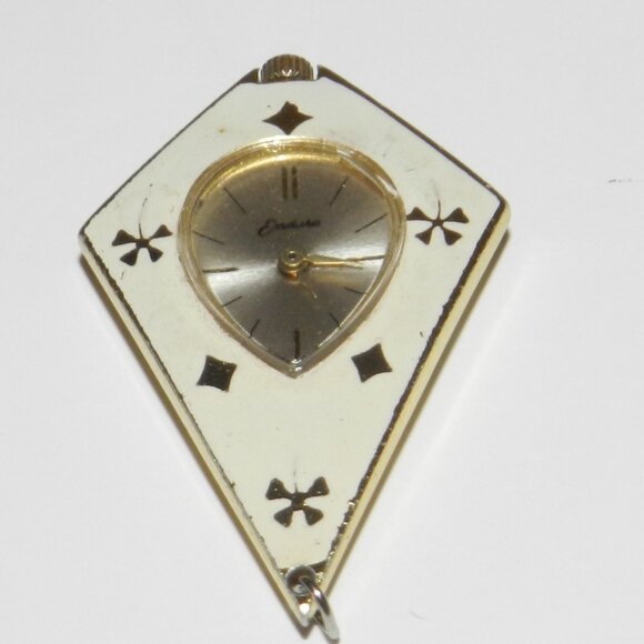 Women's Endura White  Enamel Gold Tone Watch Pendant Very Rare Color No works - Picture 1 of 8